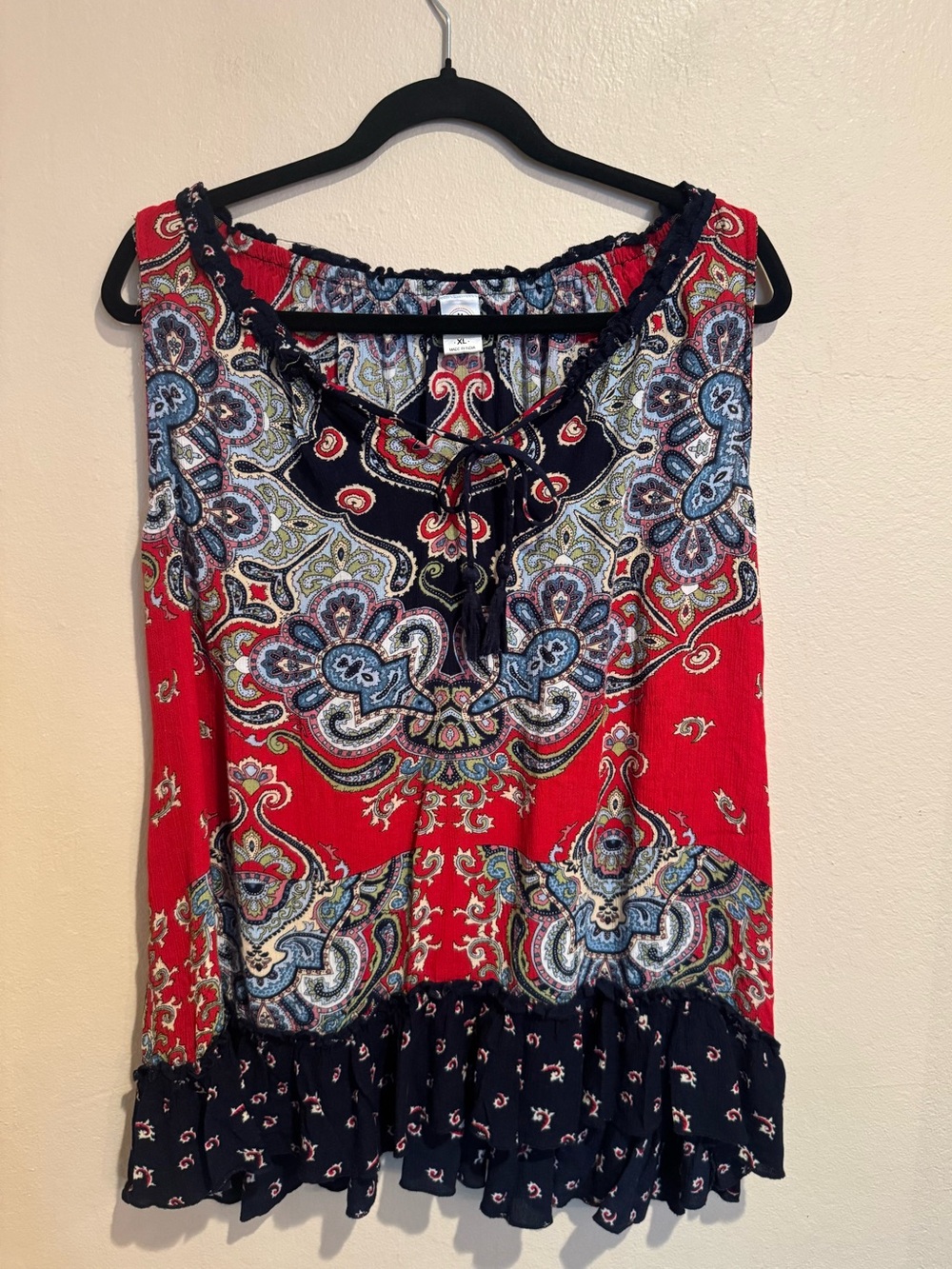 Bila Multi Colored Red and Blue Paisley Tank Top with Navy Trim Ruffled Hem.